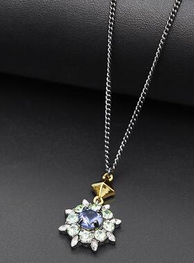 个性风潮嘻哈时尚蓝色水晶宝石花朵金色铆钉拉珠可调节项链毛衣链