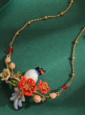 跨境原创设计大气时尚珐琅釉报喜小鸟红色花朵吊坠锁骨链项链饰品