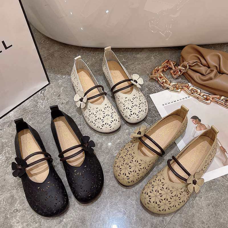 洞洞鞋春夏新款女鞋平底休闲镂空透气凉鞋软底软面一脚蹬真皮舒适