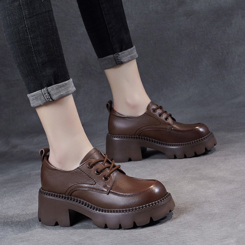 真皮粗跟英伦风鞋子真皮