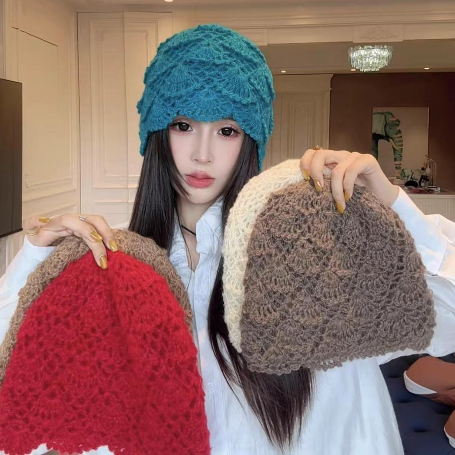 双层手工钩花套头帽秋冬日系