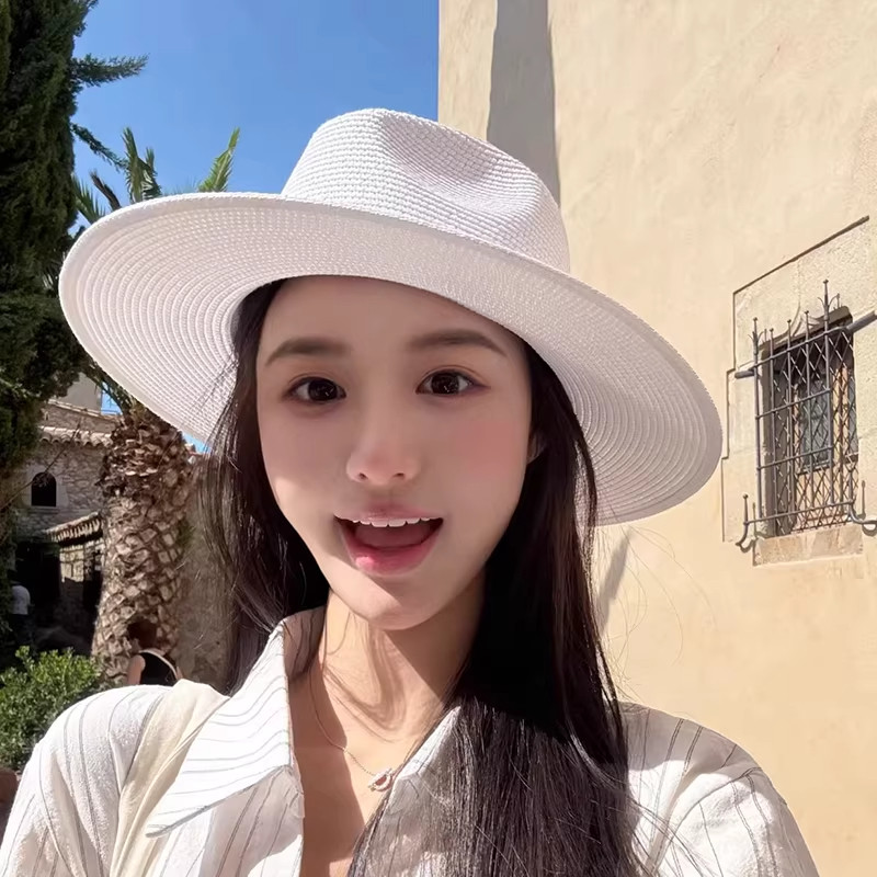 夏季白女士巴拿马平檐防晒爵士帽