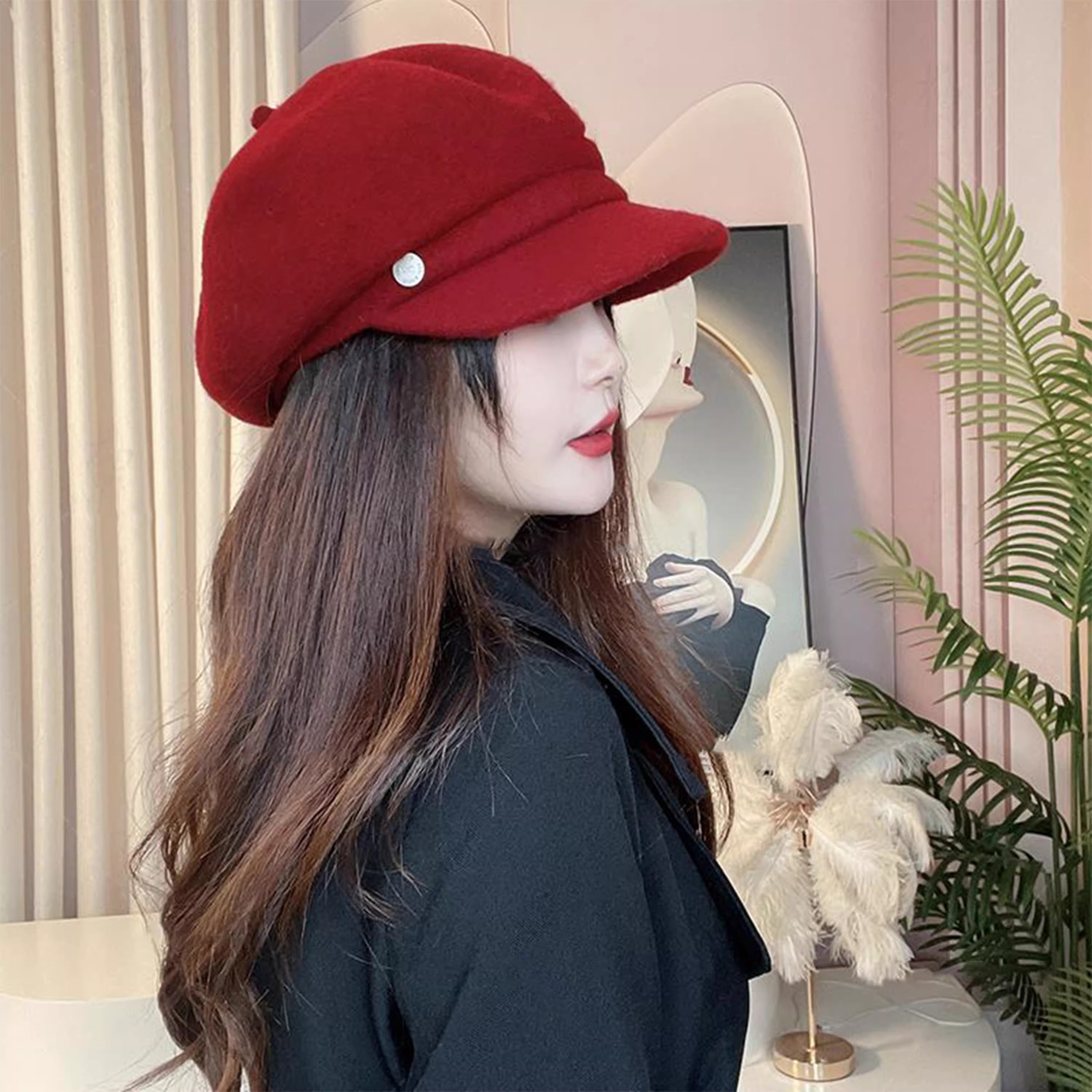 含羊毛保暖八角贝雷帽女显脸小