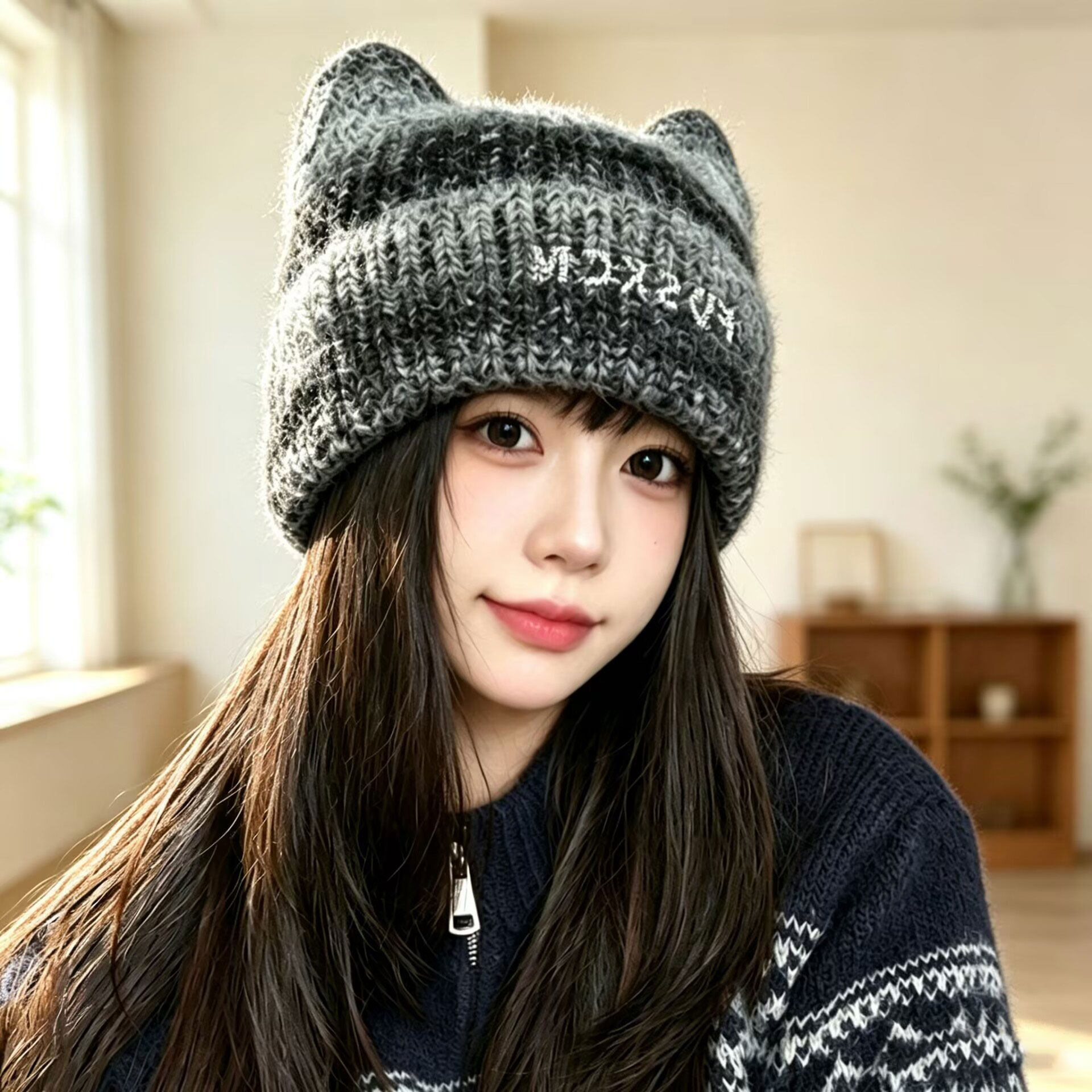 秋冬猫耳护耳针织帽女保暖显小脸