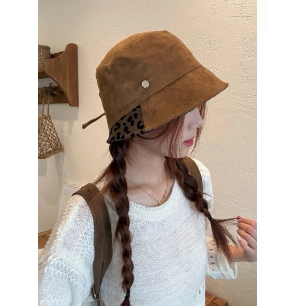 复古豹纹麂皮绒拼接水桶帽女款秋季时尚百搭显脸小渔夫帽盆帽