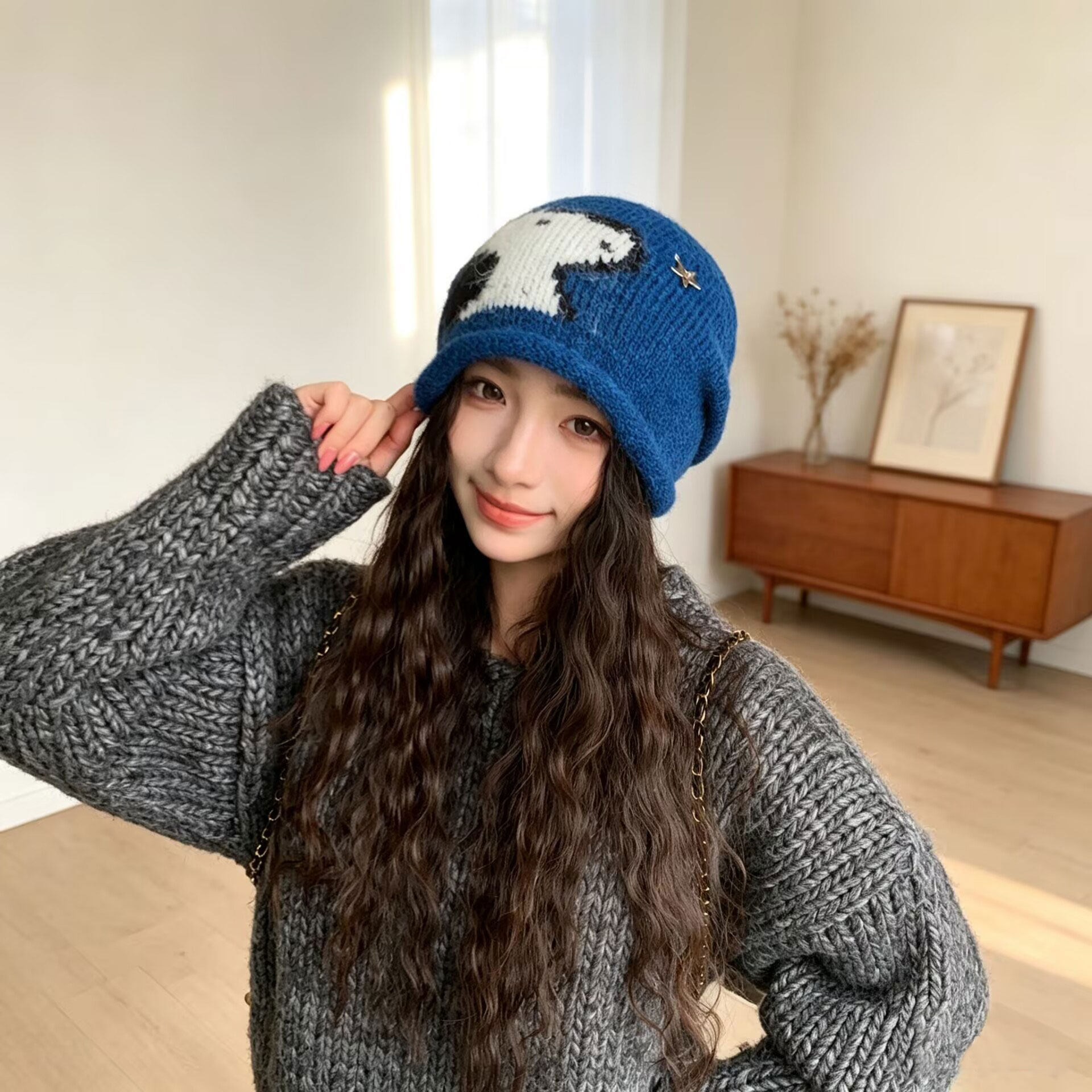 秋冬保暖护耳刺绣针织帽女大头围