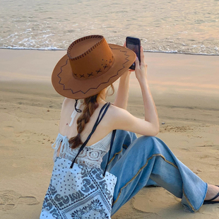 旅游西部牛仔帽子女夏季辣妹遮阳帽大帽檐防晒帽户外登山骑士帽男