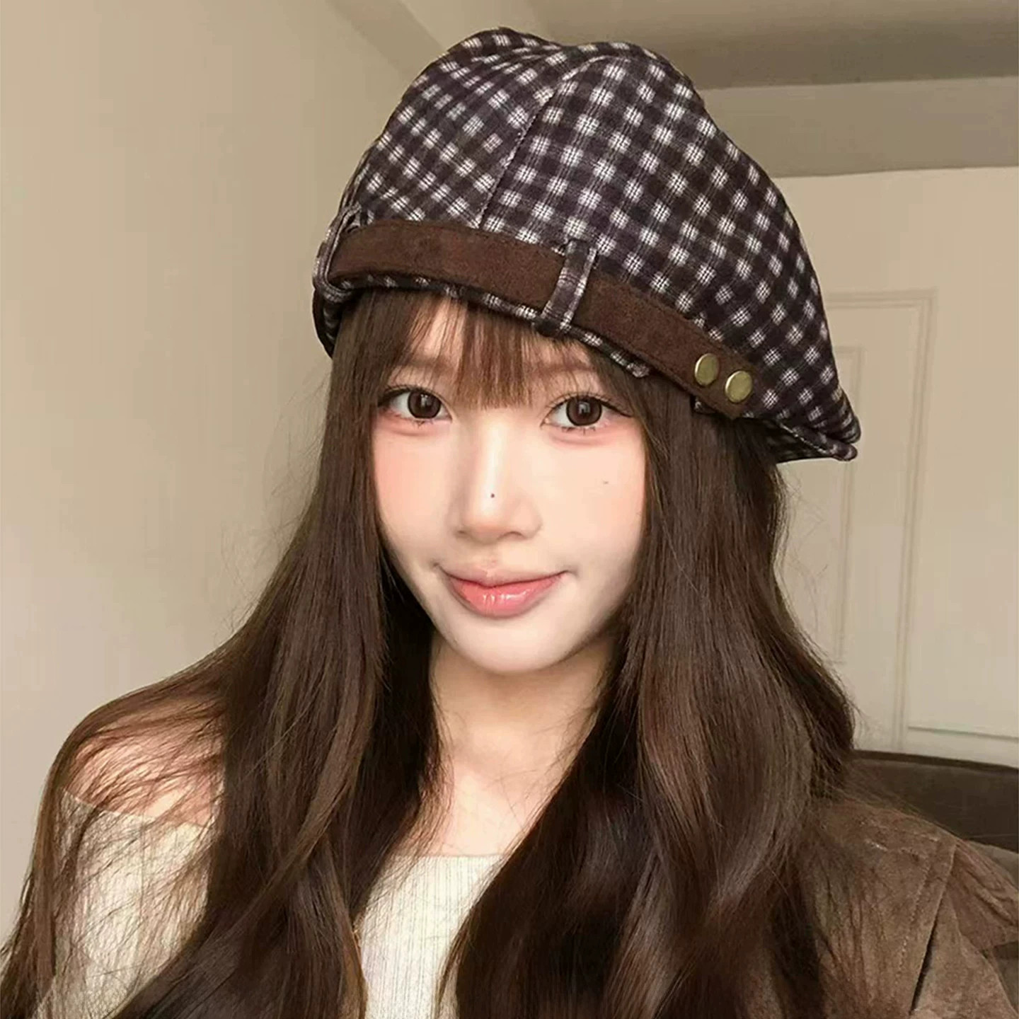 日系复古格纹显脸小马术帽女秋冬