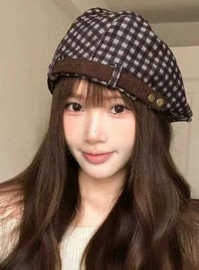 日系复古格纹显脸小马术帽女秋冬