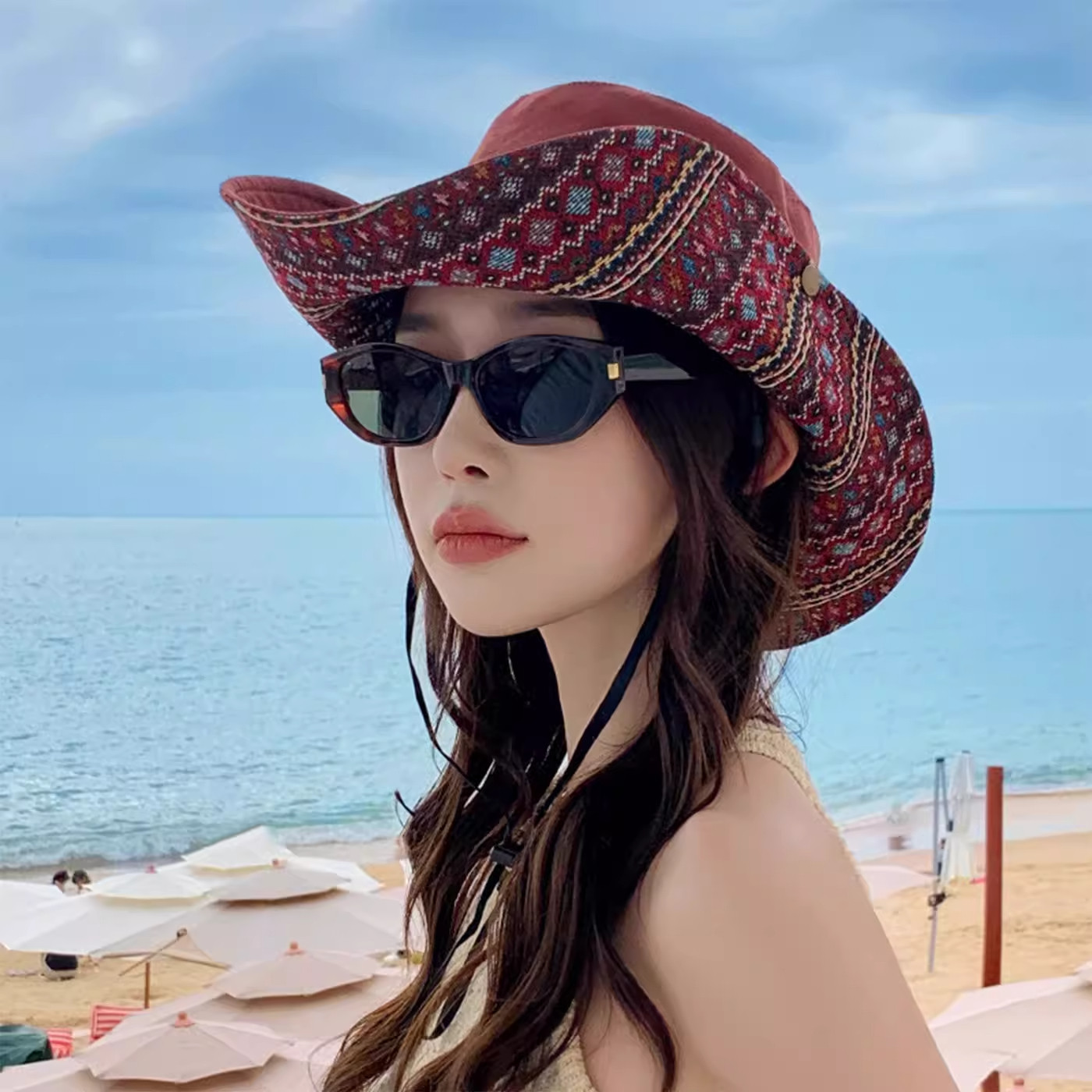 民族风牛仔防晒宽檐渔夫帽女