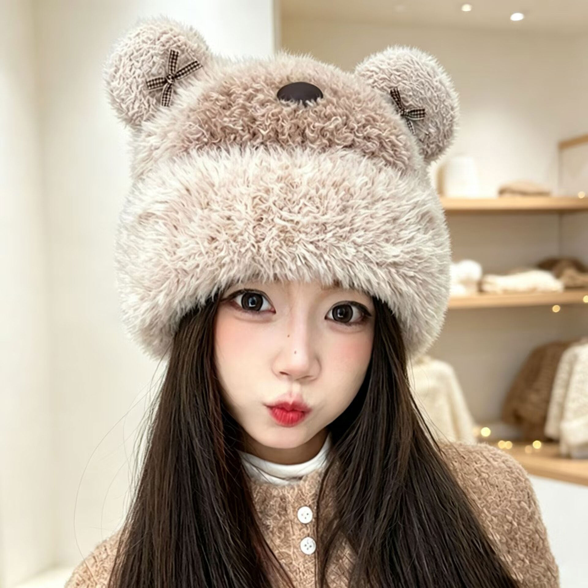 冬季保暖护耳小熊耳朵针织帽女