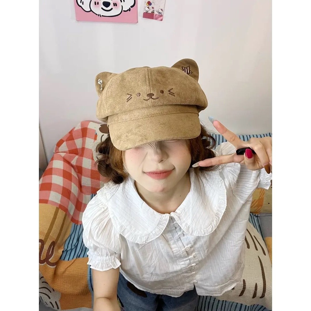 韩系小熊耳八角帽女秋冬显脸小