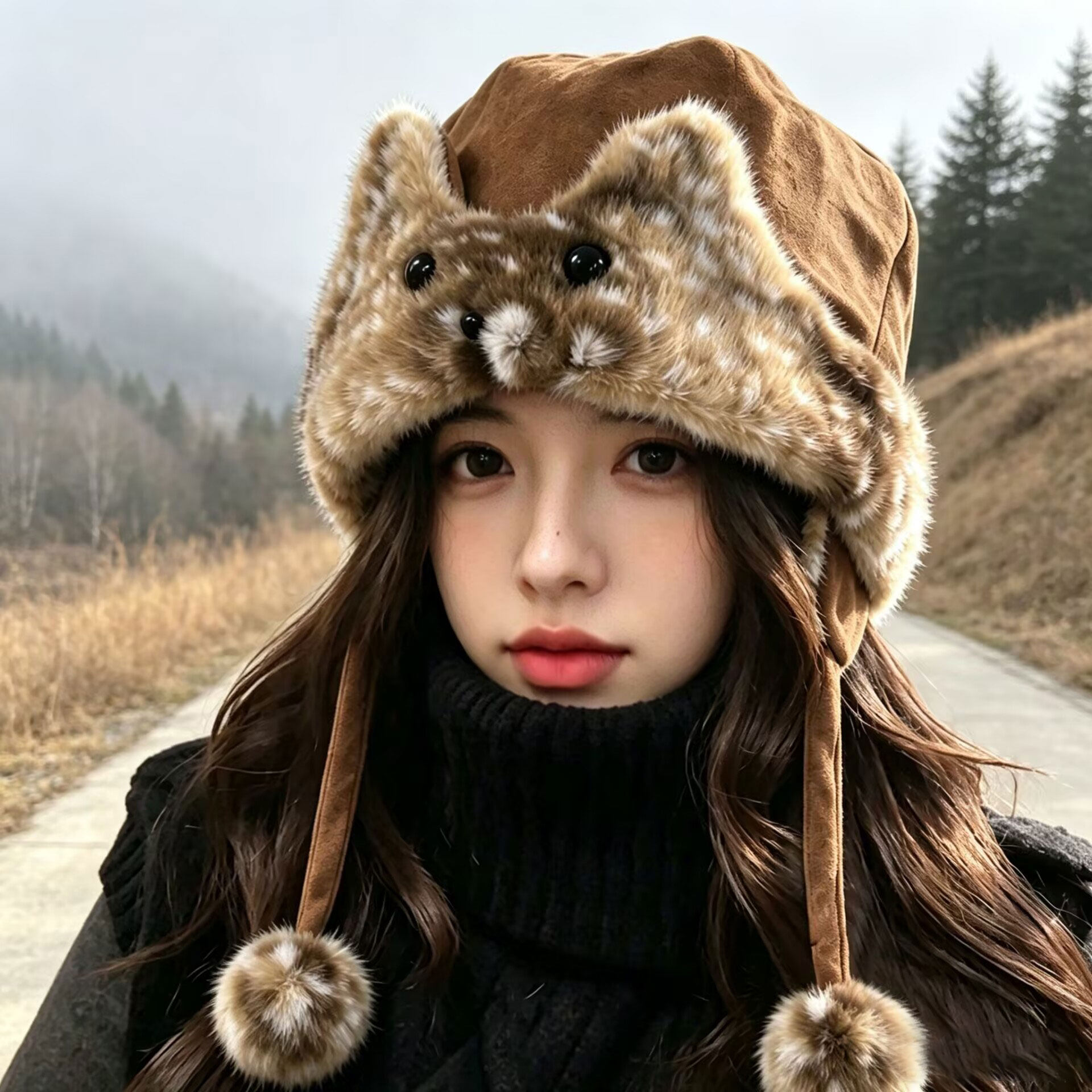 韩系猫耳毛绒保暖护耳雷锋帽女