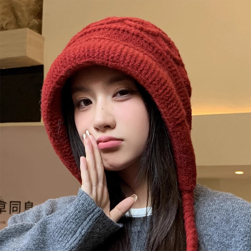 韩版氛围感红色流苏针织帽