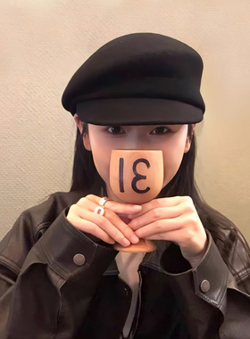 fever同款~黑色羊毛呢报童帽女秋冬马术八角帽子女贝雷复古羊毡帽