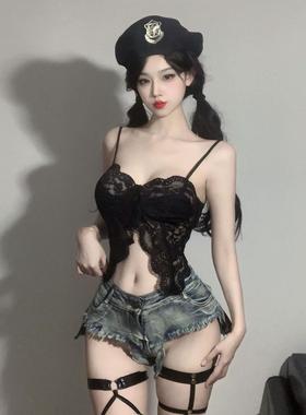 性感前缘夜店女装吊带背心蕾丝蝴蝶拼接不规则辣妹外穿百搭上衣