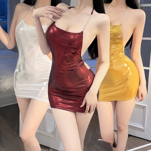 性感前缘夜店风亮面高弹力特烫罗纹紧身显瘦挂脖超短包臀连衣裙女