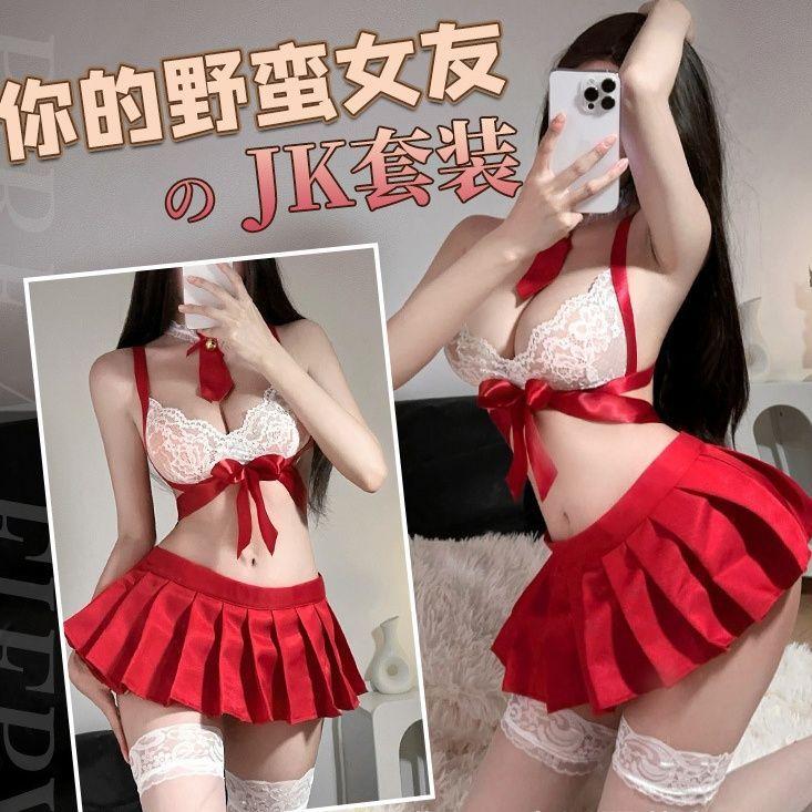 红JK制服文胸百褶裙铃铛领带套装