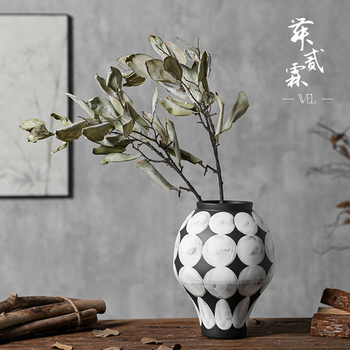 复古景德镇陶瓷花瓶中古轻奢高级客厅诧寂风创意插花摆件黑白陶罐