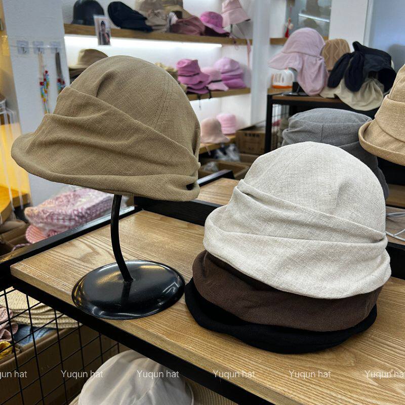 四季简约高级苎麻小檐纯色渔夫帽女复古文艺褶皱时尚小众盆帽布帽