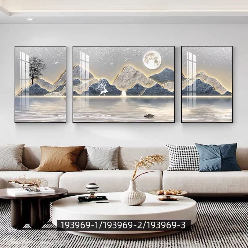 新款轻奢客厅三联画简约大气沙发背景墙壁画装饰画山水画挂画