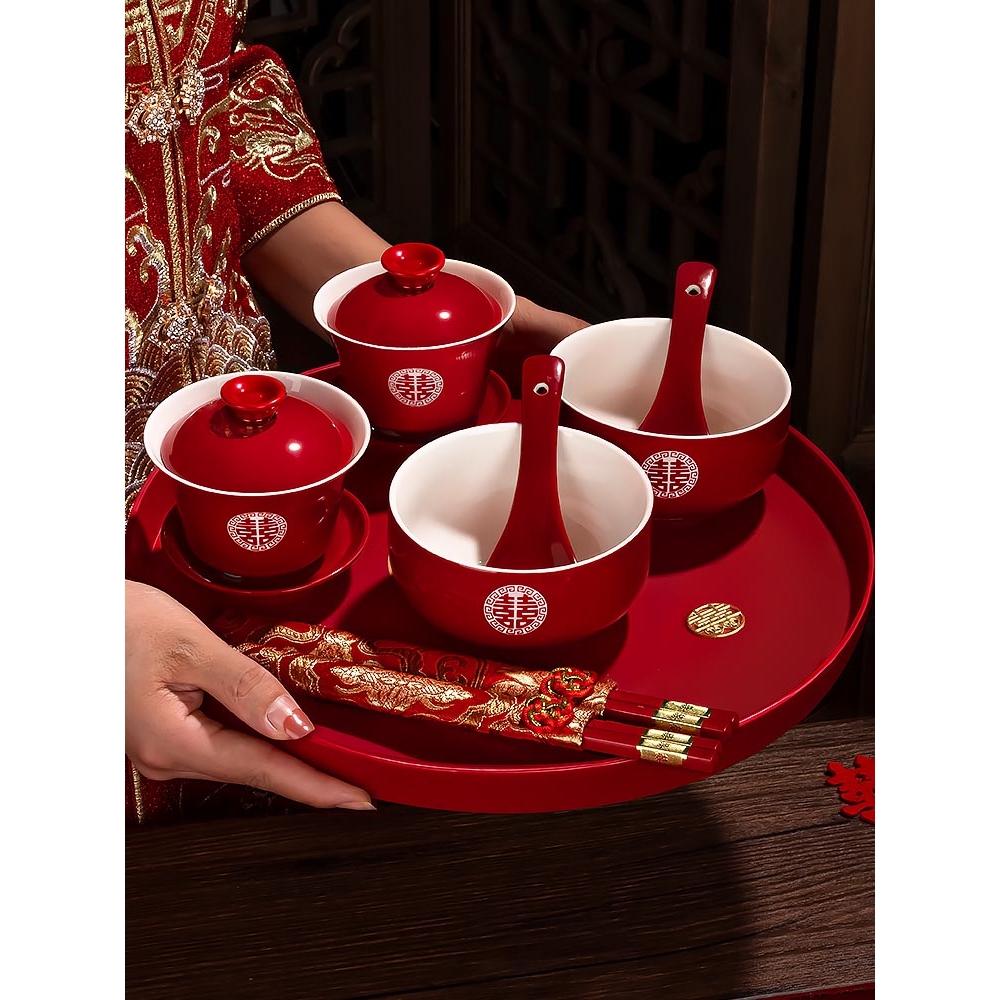 敬茶杯子喜碗结婚礼用品大全喜庆红色敬酒改口盖碗茶具对碗筷套装