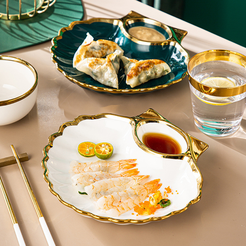 饺子盘陶瓷盘子带醋碟家用水果盘创意个性餐具碟子寿司网红薯条碗