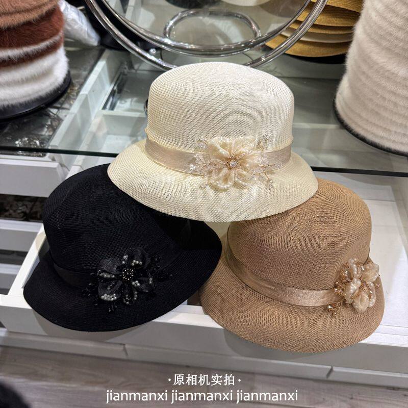 礼帽女士夏季英伦优雅花朵渔夫帽时尚防晒太阳帽圆顶针织透气盆帽