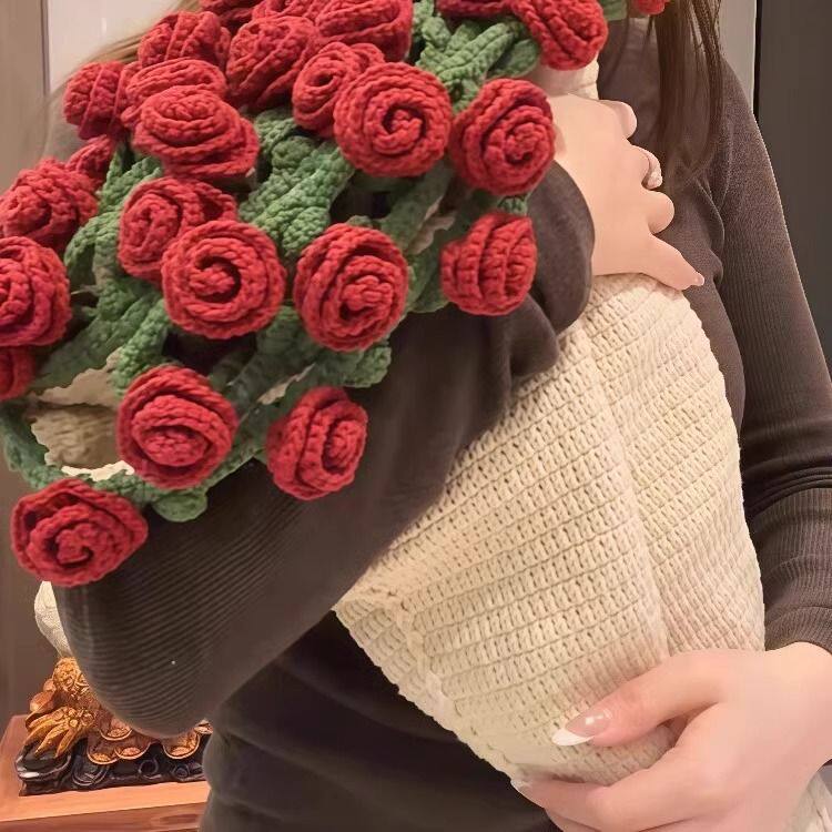 diy玫瑰花束毯子手工编织材料包毛线团送对象花朵毛毯含毛线工具