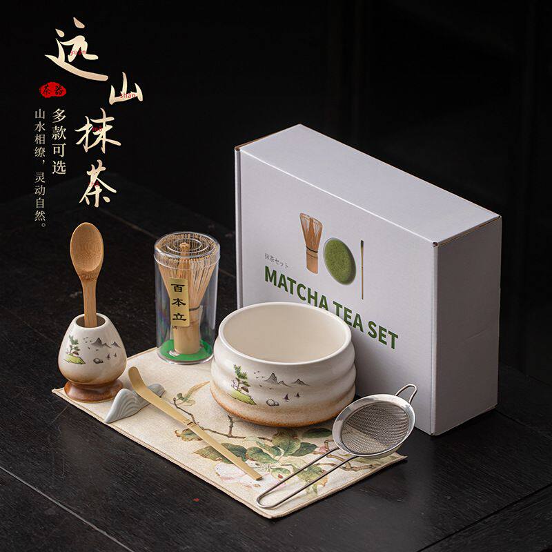 汝窑螺纹抹茶八件套大号打茶碗日式陶瓷点茶道茶筅粉筛百本立工具