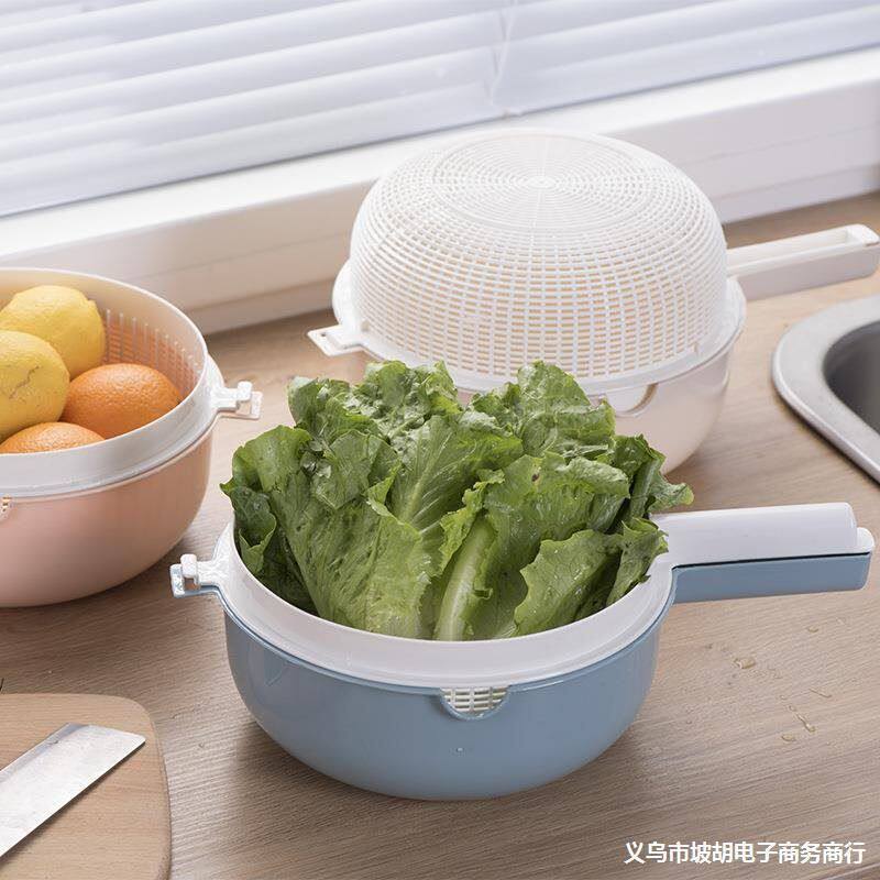 把手塑料双层沥水篮带菜篮子手柄水果篮菜篮厨房洗菜篮淘带盖水池