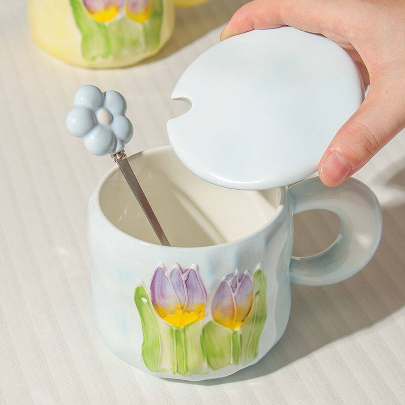 奶fufu郁金香马克杯带盖勺可爱男女生陶瓷水杯套装情侣牛奶咖啡杯