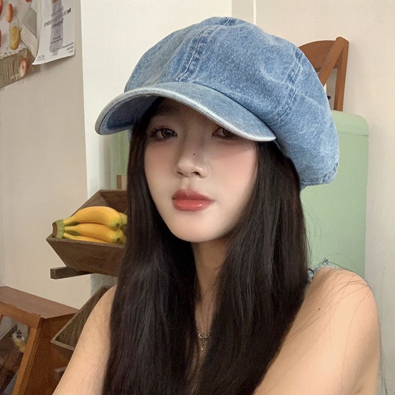 牛仔贝雷帽女2024春季新款复古八角帽小帽檐大头围显瘦画家云朵帽