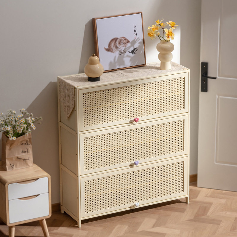 简易鞋架子经济型仿藤编鞋柜家用门口放室内奶油风新款防尘收纳柜