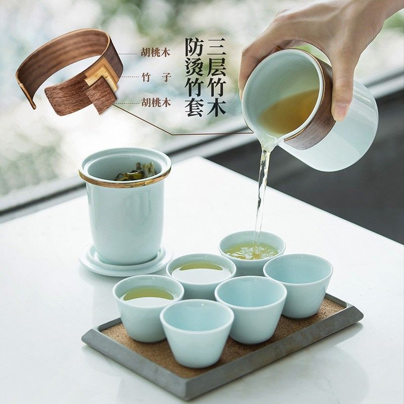 陶瓷旅行茶具套装便携式快客杯一壶六杯露营功夫户外全套