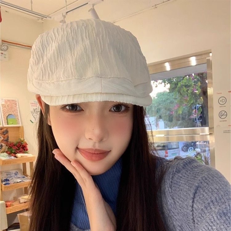高级感褶皱条纹白色鸭舌前进帽女夏季新款大头围休闲贝雷帽画家帽