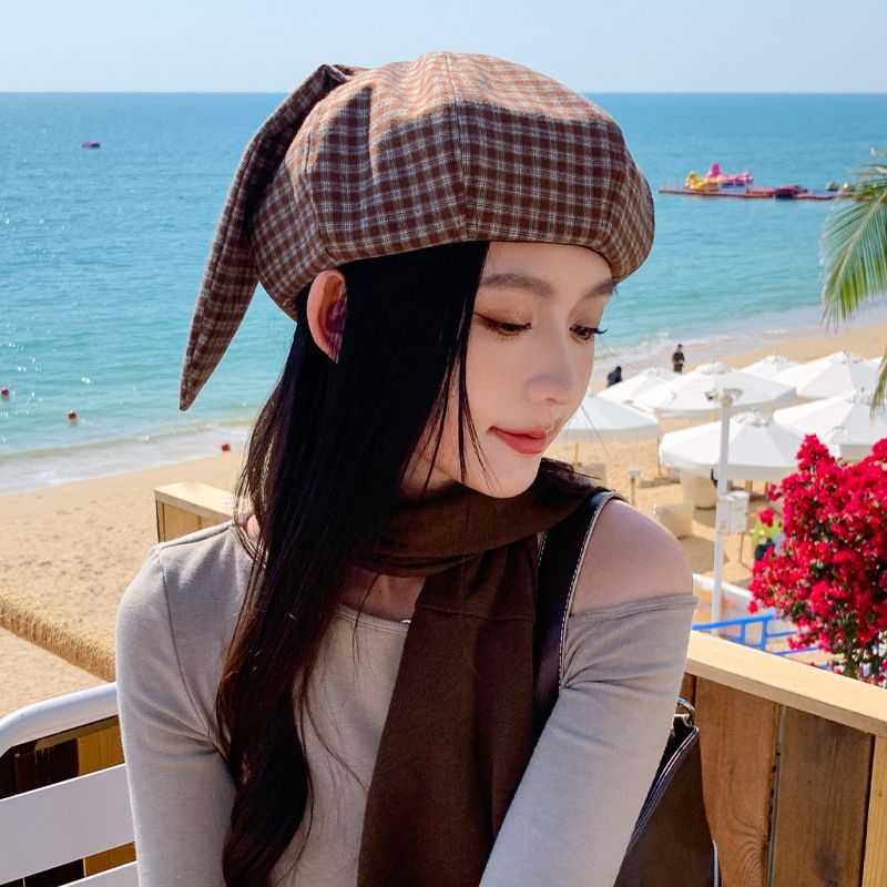 新款女春夏季甜美可爱兔耳朵格纹贝雷帽文艺百搭八角帽复古画家帽
