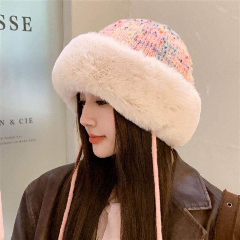 韩版混色针织毛线护耳帽女秋冬毛绒边保暖甜美可爱套头帽女生减龄