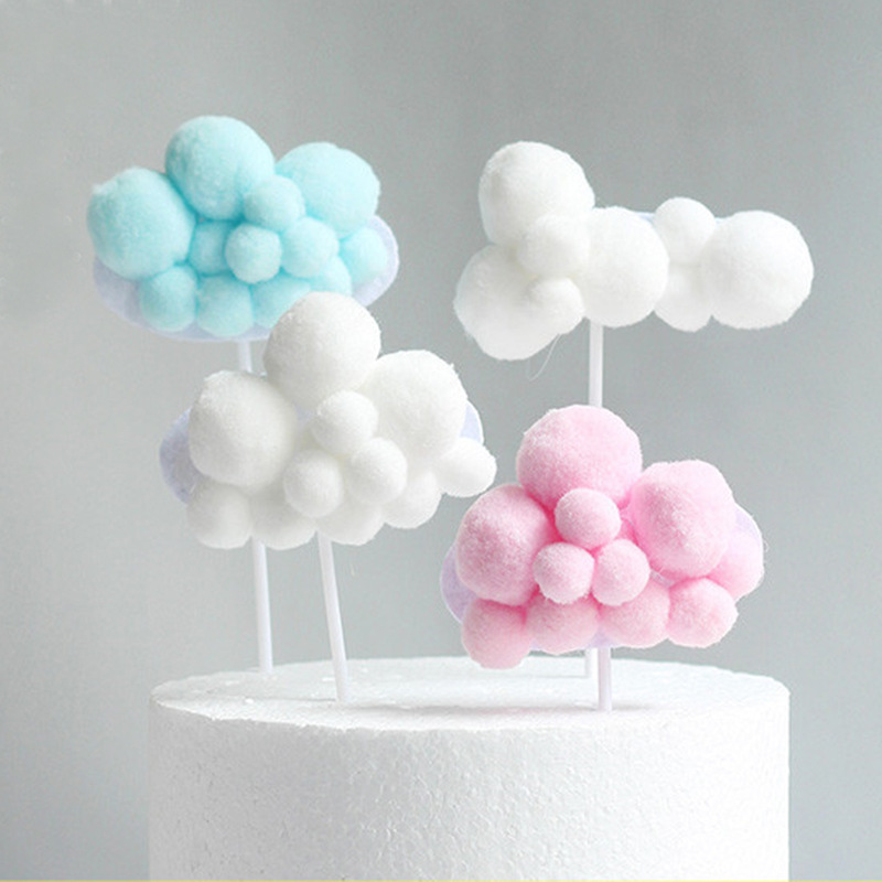 包邮 立体云朵蛋糕装饰插旗毛毛球小云朵甜品台装饰插件蛋糕摆件