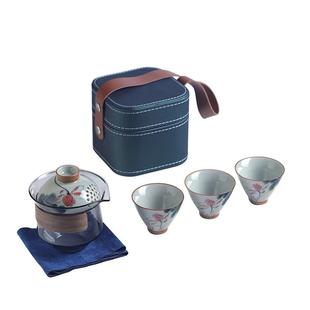 哥窑釉下手绘荷花斗笠杯旅行茶具茶杯便携小套装户外一壶三杯快客