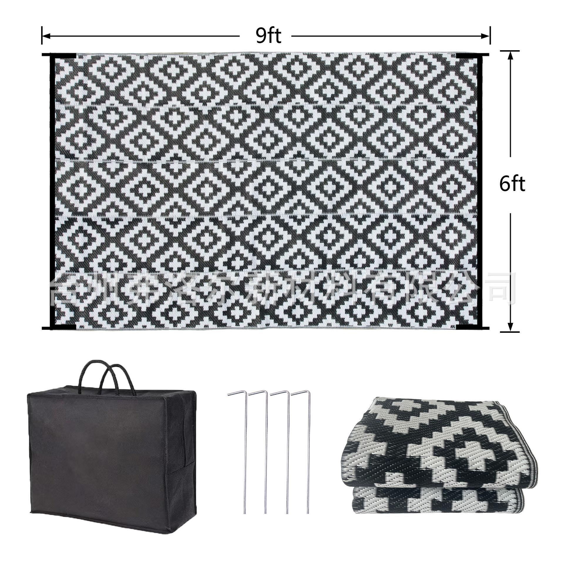 现货x9FT黑白十字加号PP院编XYT织野餐垫可户外6休闲庭垫折叠