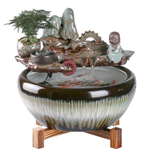 中式陶瓷鱼缸循环流水客厅景办公室桌面招财装饰养鱼开业礼品摆件