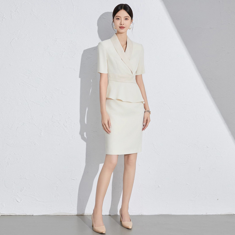 日本品质夏季新款米白色假两件职业女士连衣裙修身显瘦售楼部美容