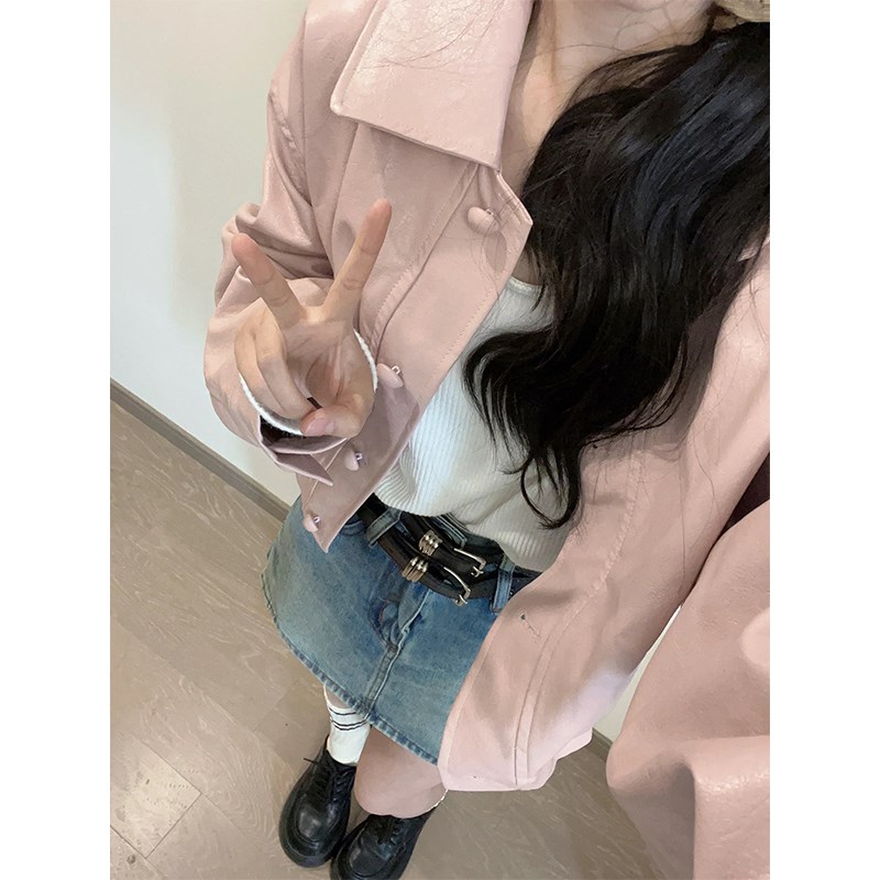 速发美式复古粉色皮衣外套春202新款爆款小个子短款机车服夹克