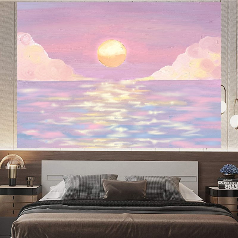 速发简约手绘水彩大海餐厅装饰画卧室房间艺术挂毯布艺免打孔壁画图片