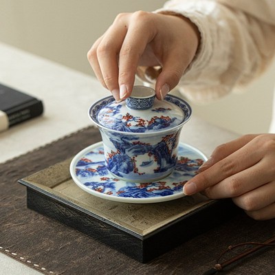 速发青花釉里红三才盖碗中式复古泡茶器家用功夫茶具防烫敬茶碗