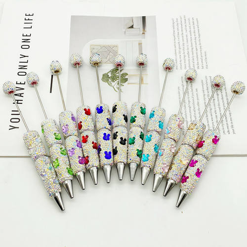 重工七彩兔兔满钻串珠笔彩虹光泽米老鼠钻石圆珠笔端轻奢萌粒笔