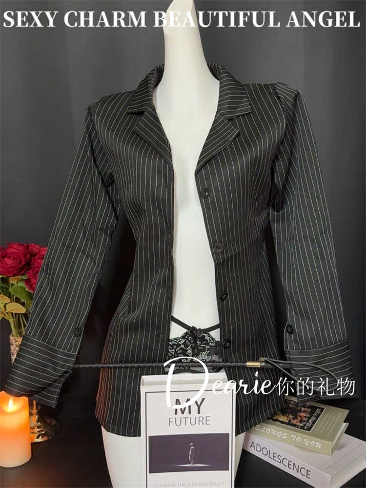 黑色条纹长袖衬衫女士春秋收腰外内衣配件