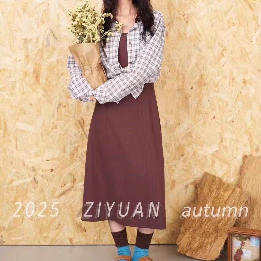 十三行女装秋季新款连衣裙复古格子外套女宽松显瘦百搭时尚一整套