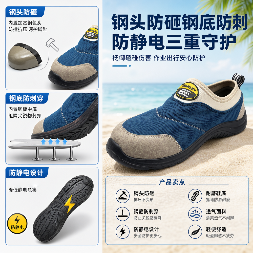 史丹利劳保鞋男防砸防刺穿夏季轻便透气防滑运动休闲一脚蹬安全鞋